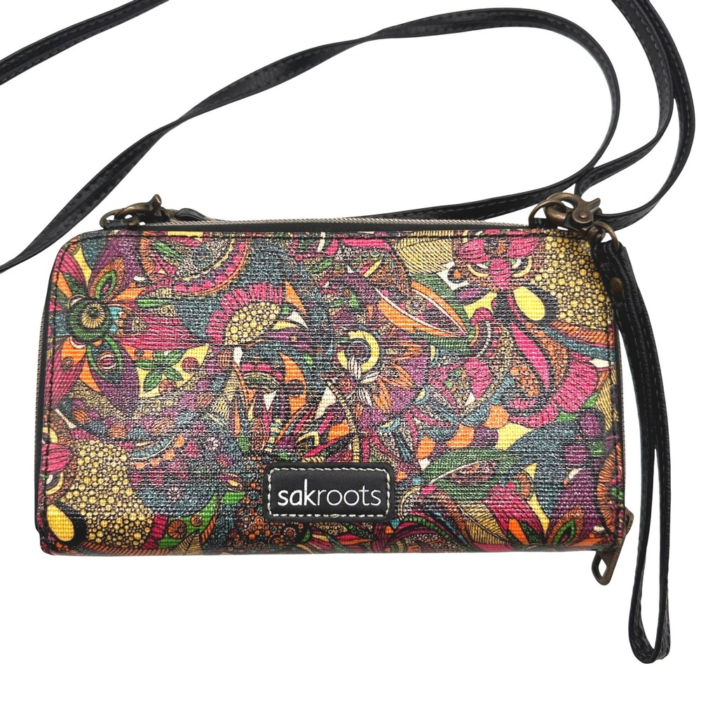 Sakroots Artist Circle Crossbody Wallet Wristlet Floral Multi Color Boho Canvas
